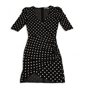 Alice + Olivia Judy Dress 0 Black White Polka Dot Ruched Wrap Hem Bodycon